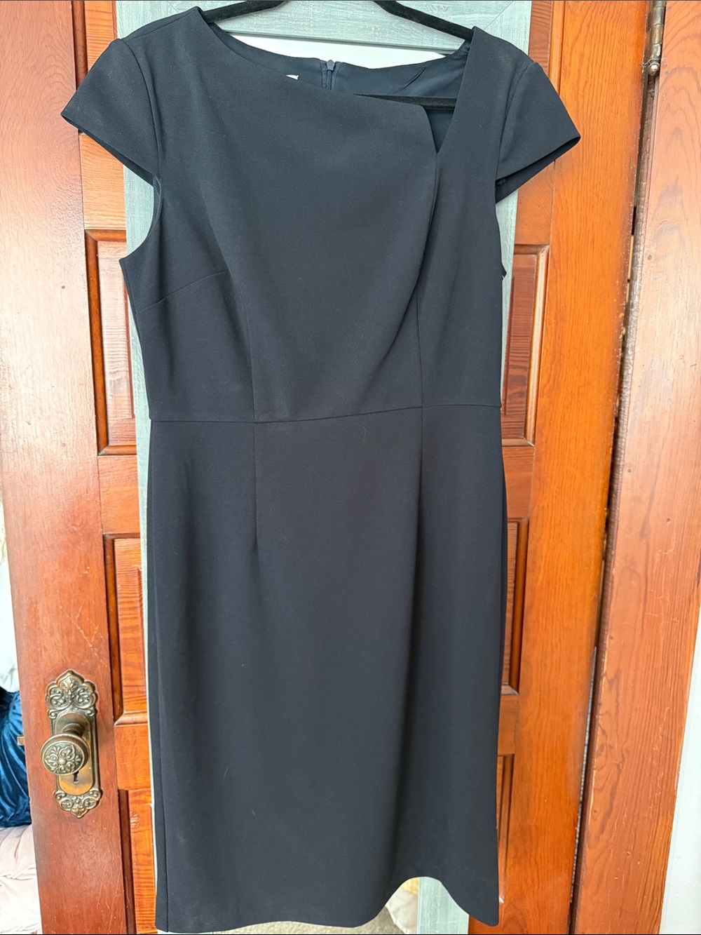 JM Collection dark navy Cap-Sleeve Midi Sheath Dress with Folded Neckline
